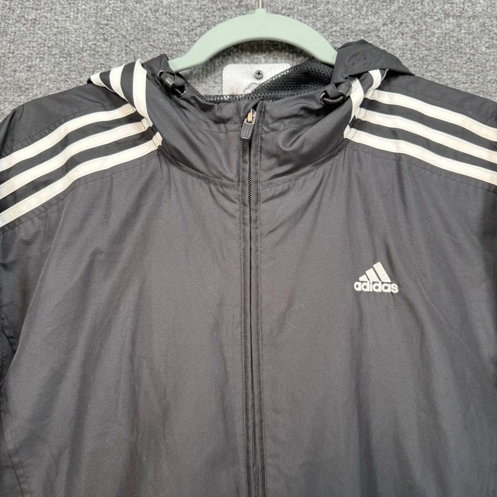 Vintage Adidas Windbreaker Jacket Mens Medium Black 3-Stripe Hooded Full Zip Y2K